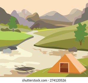 river, meadow and beautiful landscape (vector illustration)