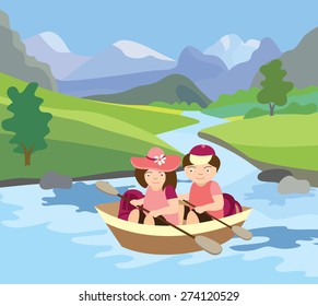 river, meadow and beautiful landscape (vector illustration)