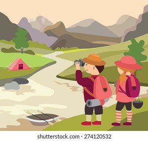 river, meadow and beautiful landscape (vector illustration)