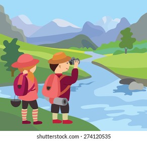 Fluss, Wiese und schöne Landschaft (Vektorgrafik)