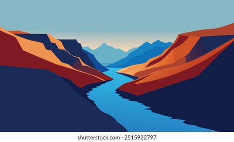 El río serpentea a través de un cañón, enmarcado por majestuosas montañas en el fondo bajo un fondo de naturaleza de Ilustración vectorial plana y azul claro