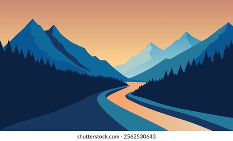 
River meanders through a lush valley, embraced by majestic mountains on either side flat vector illustration natural background