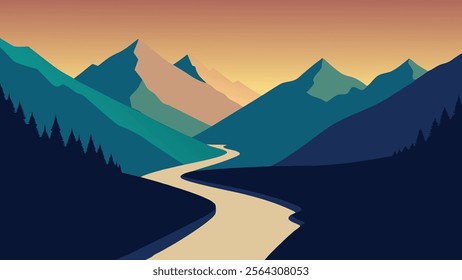 
River meanders through a lush valley, embraced by majestic mountains on either side flat vector illustration natural background.