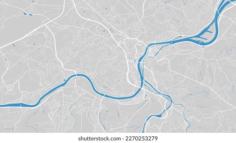 River Mause map, Lüttich city, Belgien. Wasserlauf, Wasserfluss, blau auf grauem Hintergrund, Straßenkarte. Vektorgrafik, detaillierte Silhouette.