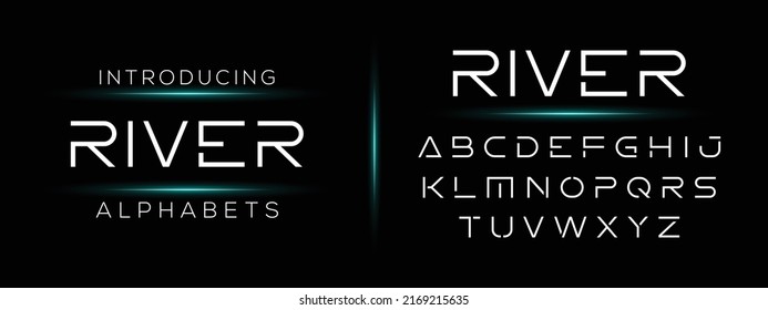 RIVER Modern Minimal Abstract Technology Science Alphabet Font. Digital Space Typography Fonts Vector Illustration And Logo Design. Luxury Letter Desig