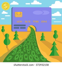 The river of money flows into a plastic credit card. Flat design