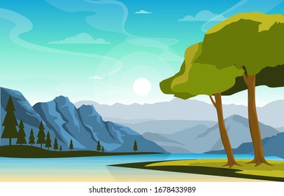 River Morning Sunrise Afternoon Sunset Mountain Forest Rural Landscape Illustration