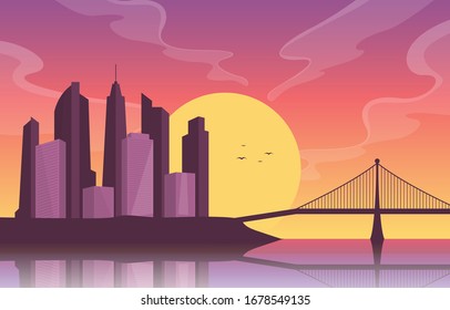 River Morning Sunrise Afternoon Sunset Bridge City Skyline Landmark Illustration