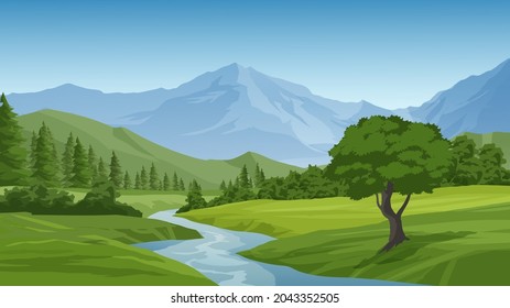 Río en paisaje montañoso con bosque