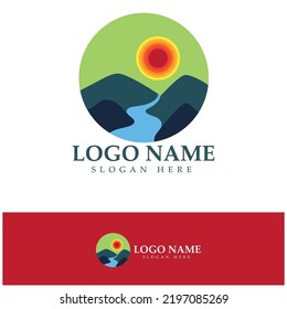 Plantilla de diseño de ilustración de icono del logotipo de montaña del río