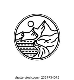 River and mountain monoline or line art style concept