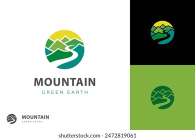 River Mountain nature Logo design. mountain landscape with a river. for any nature waterfall, especially for nature spring logo template