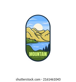 River mountain scenery badge. Vector logo.