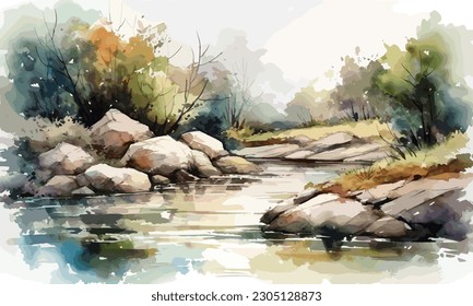 River and Mountain stream landscape watercolor painting Abstract background.