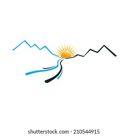 River Mountain and Sun image. Vector design