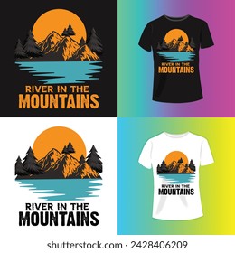 River in the Mountain typography graphics for slogan tee shirt with sun and stripes.