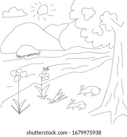 River and mountain view line drawings White background
