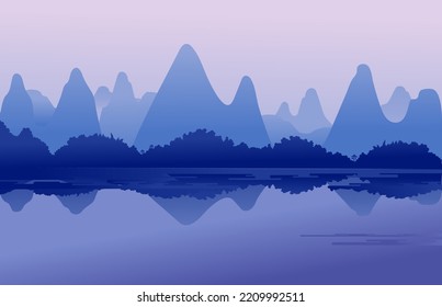 River with mountain wild reflection illustration scenery.