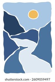 river and mountains panorama posters illustration of a abstract. Organic doodle shapes matisse style, naive art, contemporary backgrounds. River and mountains vector illustration