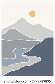 River and mountains panorama posters illustration of a abstract. Organic doodle shapes matisse style, naive art, contemporary backgrounds. River and mountains vector illustration