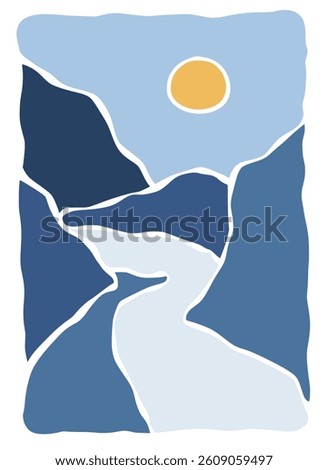 river and mountains panorama posters illustration of a abstract. Organic doodle shapes matisse style, naive art, contemporary backgrounds. River and mountains vector illustration