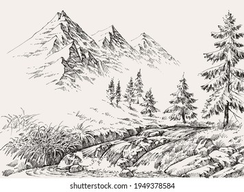 River in the mountains and pine trees landscape