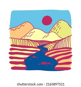 Río en las montañas. Un paisaje de colores vectoriales. 