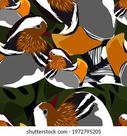 river multicolored ducks, geometric seamless pattern of vector variegated ducks