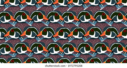 river multicolored ducks, geometric seamless pattern of vector variegated ducks