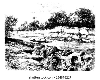 The River Narrows in Oiapoque, Brazil, drawing by Riou from a photograph, vintage engraved illustration. Le Tour du Monde, Travel Journal, 1880