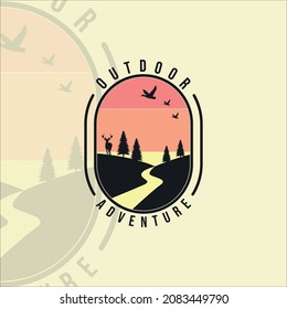 river at nature logo vintage vector illustration template icon graphic design. deer pines and duck at outdoor adventure lake with retro badge and typography