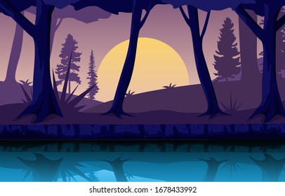 River Night Dusk Evening Full Moon Forest Landscape Illustration