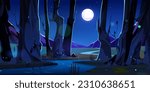 River in night forest, mountain nature vector cartoon landscape. Green grass under tree, moon light scene, beautiful flowing stream near meadow. Empty woods panoramic with flying glowworms, fireflies