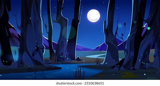 River in night forest, mountain nature vector cartoon landscape. Green grass under tree, moon light scene, beautiful flowing stream near meadow. Empty woods panoramic with flying glowworms, fireflies