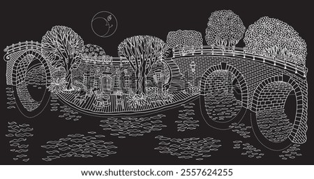 River in the night medieval town. White doodle sketch on a black background
