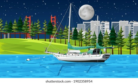 River night scene with a ship illustration
