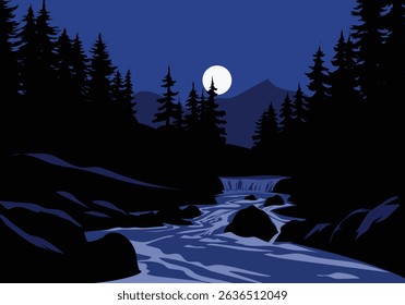 River night scenery illustration with full moon