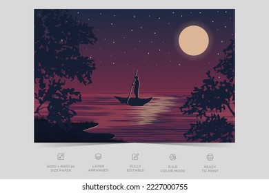 River night view landscape design nature scene flat design background template vector illustration