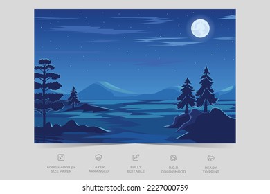 Vista nocturna del río diseño paisaje naturaleza escena diseño plano plantilla de fondo vectorial ilustración