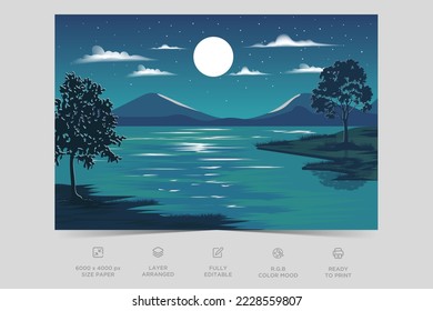 River night view landscape design nature scene flat illustration background template vector 