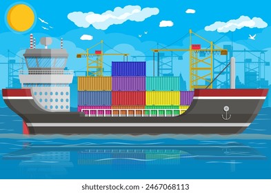 River ocean and sea freight shipping by water. Port crane unloads cargo ship. Background with blue sky, clouds. Pier, dock, harbor. Sea port logistics and delivery. Vector illustration in flat style