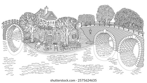 River in the old medieval town. Black and white coloring book page