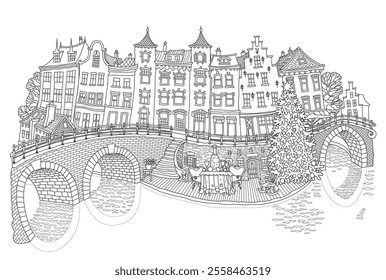 River in the old medieval town with Christmas fir-tree, festively set table, vine glasses and bottle of champagne. Black and white coloring book page