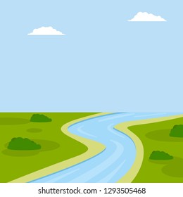 River on green meadows. The natural landscape with blue water. Summer season. A stream with sand. Bushes and day sky. Place for outdoor recreation. Cartoon flat illustration