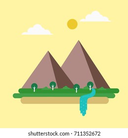 River originating from a mountain with sun shining and clouds moving