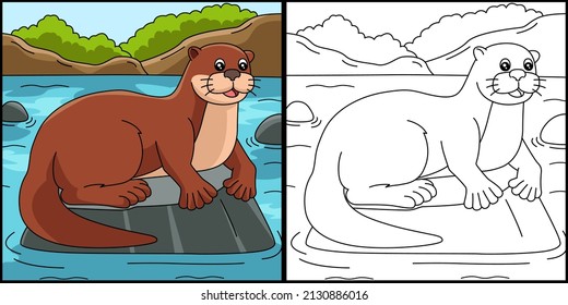 River Otter Coloring Page Colored Illustration