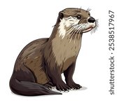 River otter sitting. Realistic illustration of cute animal. Vector illustration on white background