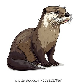 River otter sitting. Realistic illustration of cute animal. Vector illustration on white background