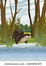 Una nutria de río se encuentra a orillas de un lago forestal. Mamífero semiquático salvaje de Eurasia. Paisaje vertical vectorial realista