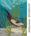 River otter swim in the river. The bottom of the pond with fish, algae. Eurasian otter Lutra lutra. Wild semiaquatic mammal of Eurasia. Realistic vector vertical landscape